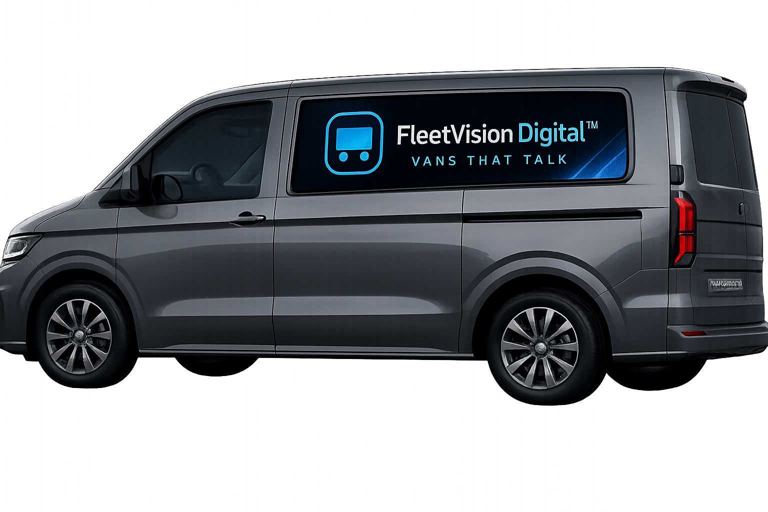 Grey Volkswagen Transporter showing the FleetVision Digital panel location in the side window